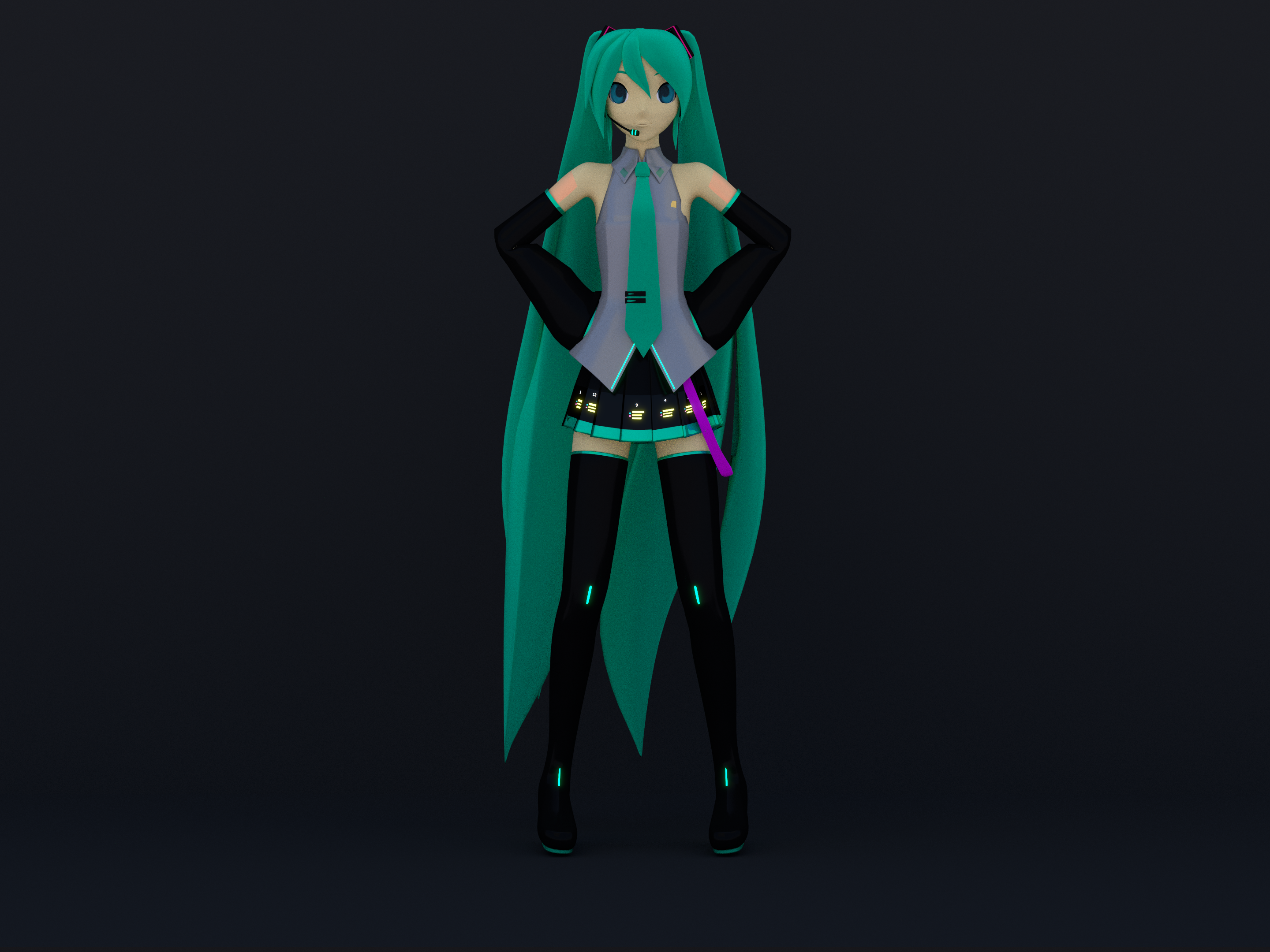 Hatsune Miku stands in front of black wall, with hands on hips.